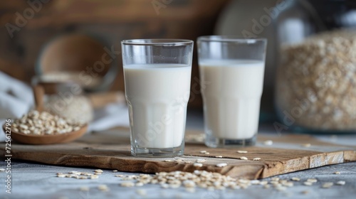 Nutritious oat milk with whole oats and wheat on a neutral backdrop, alternative vegan plant-based milk © mashimara