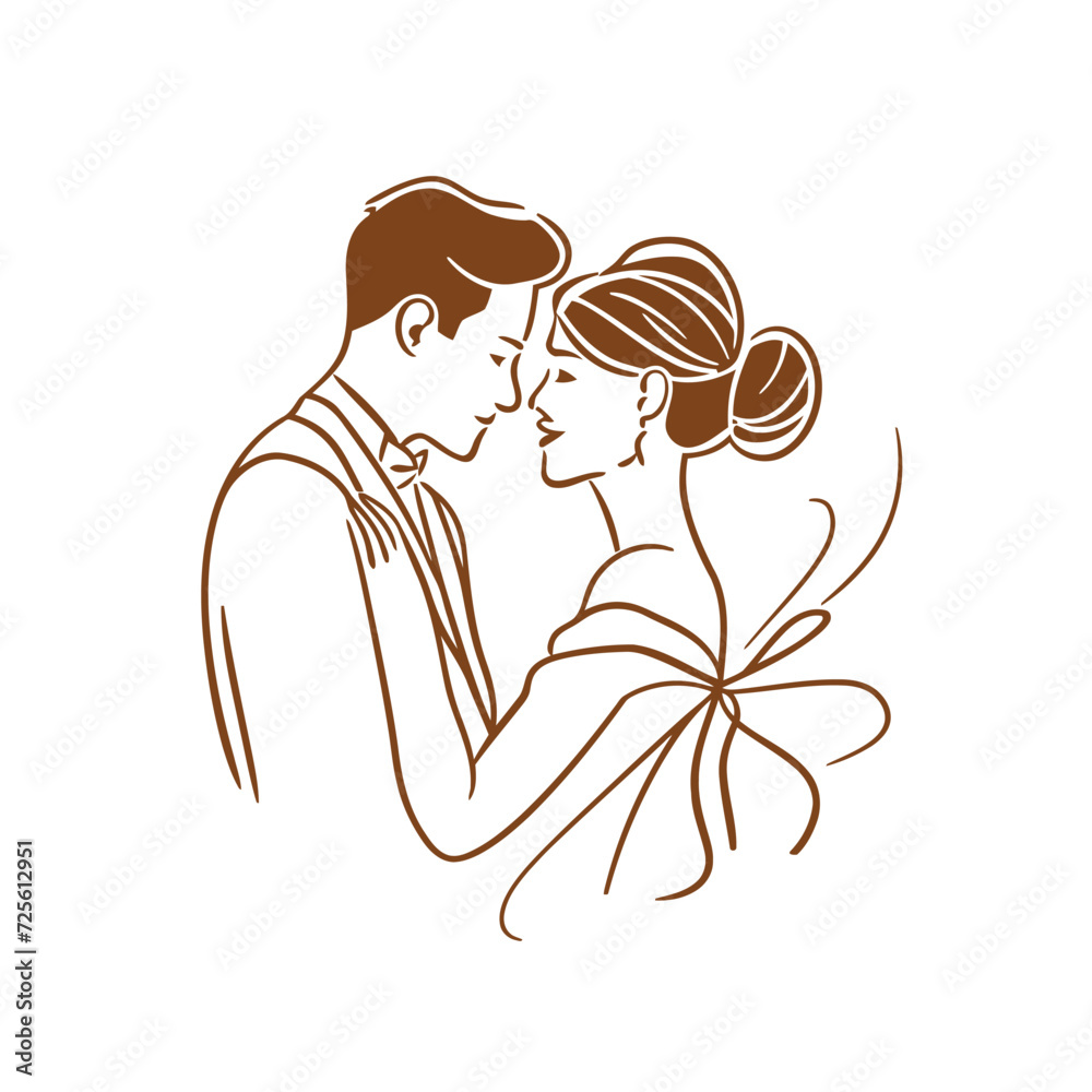 vector one line art bride and groom wedding couple isolated background