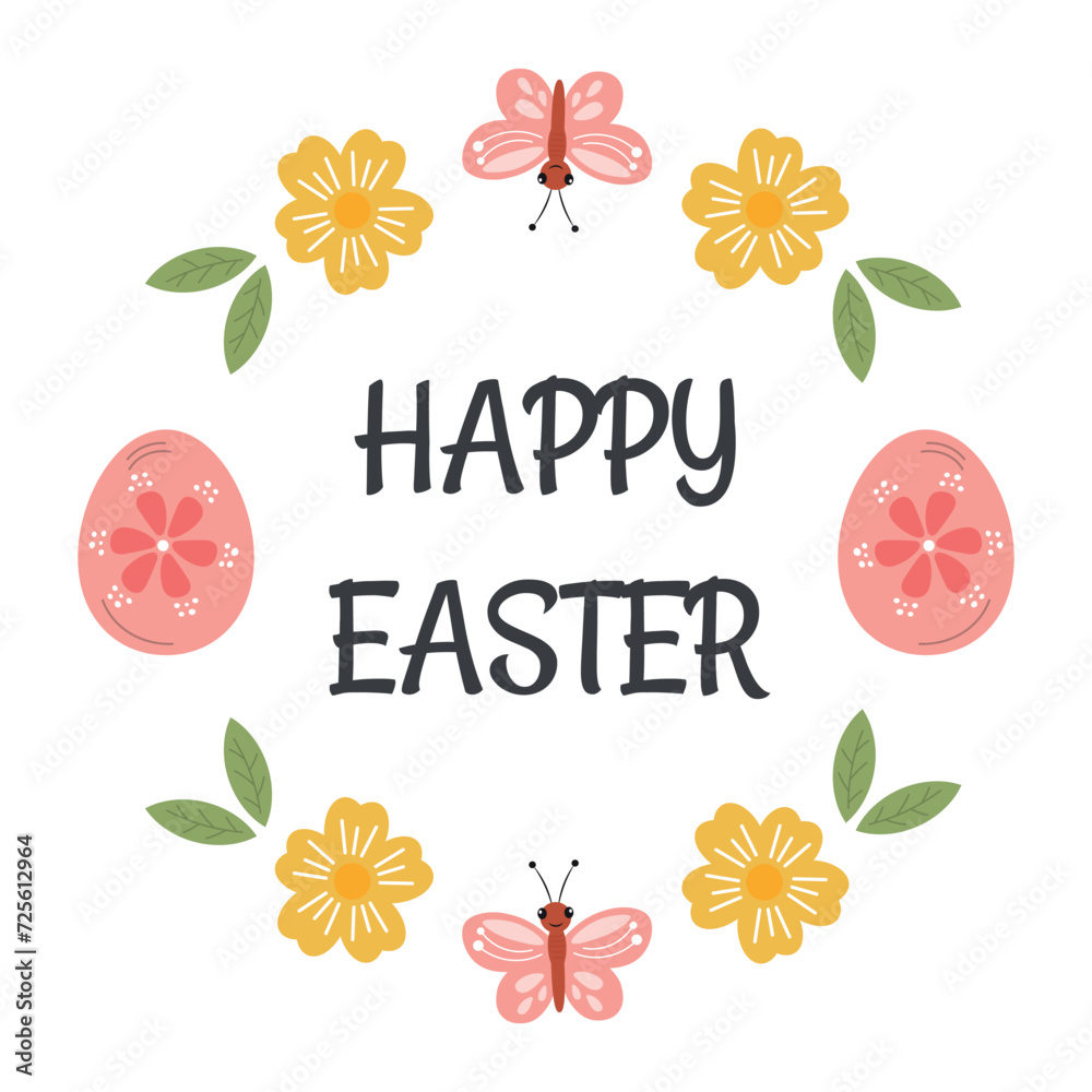 Obraz premium Happy Easter label, badge with wreath of flowers and eggs, Easter holiday painted egg symbol. Round sticker, floral frame for gifts package, greeting cards, invitation.