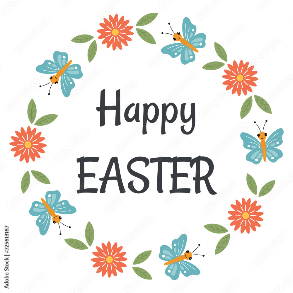 Round sticker, card with Happy Easter greeting in frame of flowers. Easter typography message, lettering floral frames. Gift tag for treats, label for packaging sweets, invitations.