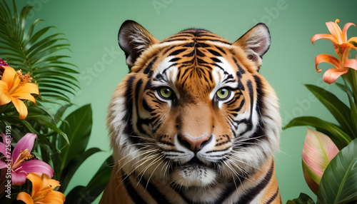 portrait of Bengal Tiger in Amid Lush Greenery and Vibrant exotic Flowers