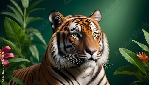 portrait of Bengal Tiger in Amid Lush Greenery and Vibrant exotic Flowers © PLATİNUM