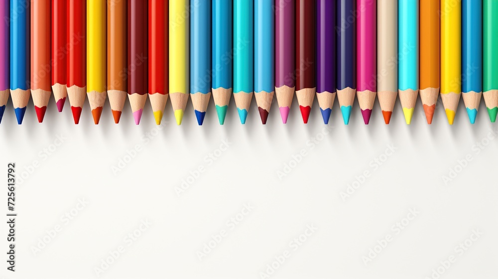 Top view and flat of colored pencils arranged in a row isolated on white background. With copy space for add text. Top view and flat of colored pencils arranged in a row isolated on white background. With copy space for add text.