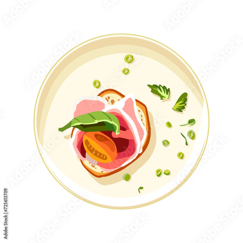 Appetizing bruschetta with meat and lettuce on a porcelain plate. Vegetables on toast. Healthy food for lunch. Self care. Vector illustration