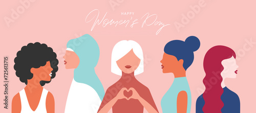 International Womens Day greeting banner. Women different nationalities on pink background. Girl power, struggle for equality, feminism, sisterhood concept. Vector.