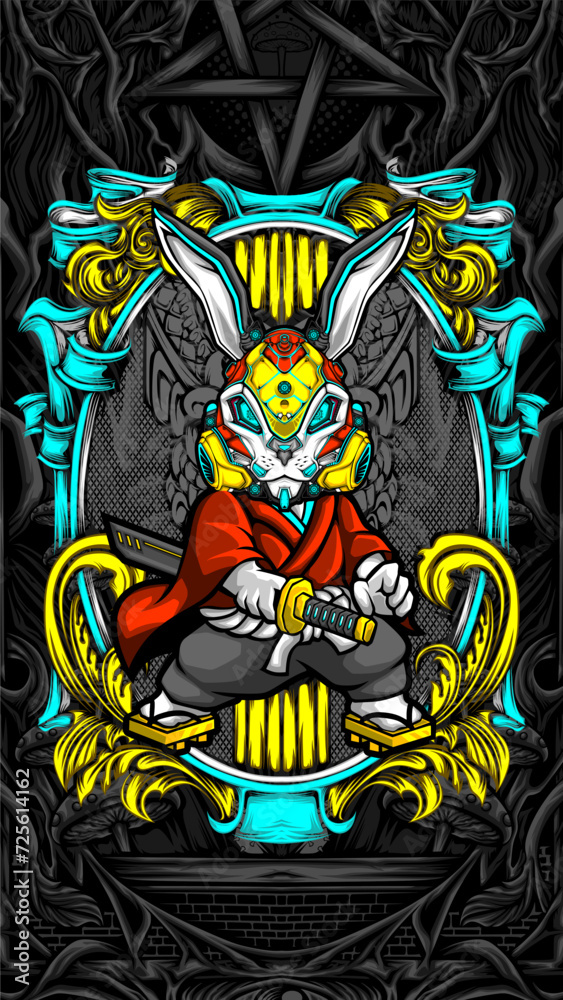 Obraz premium samurai rabbit cyberpunk vector illustration
