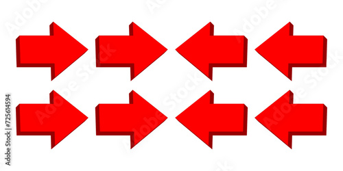arrows red sign three-dimensional shape ( 3d ) isolated on white background. set of straight arrow red three dimensional icon with backward and forward directional style. 