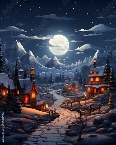 Winter night in the woods. Wooden houses in the mountains. Vector illustration. © Michelle