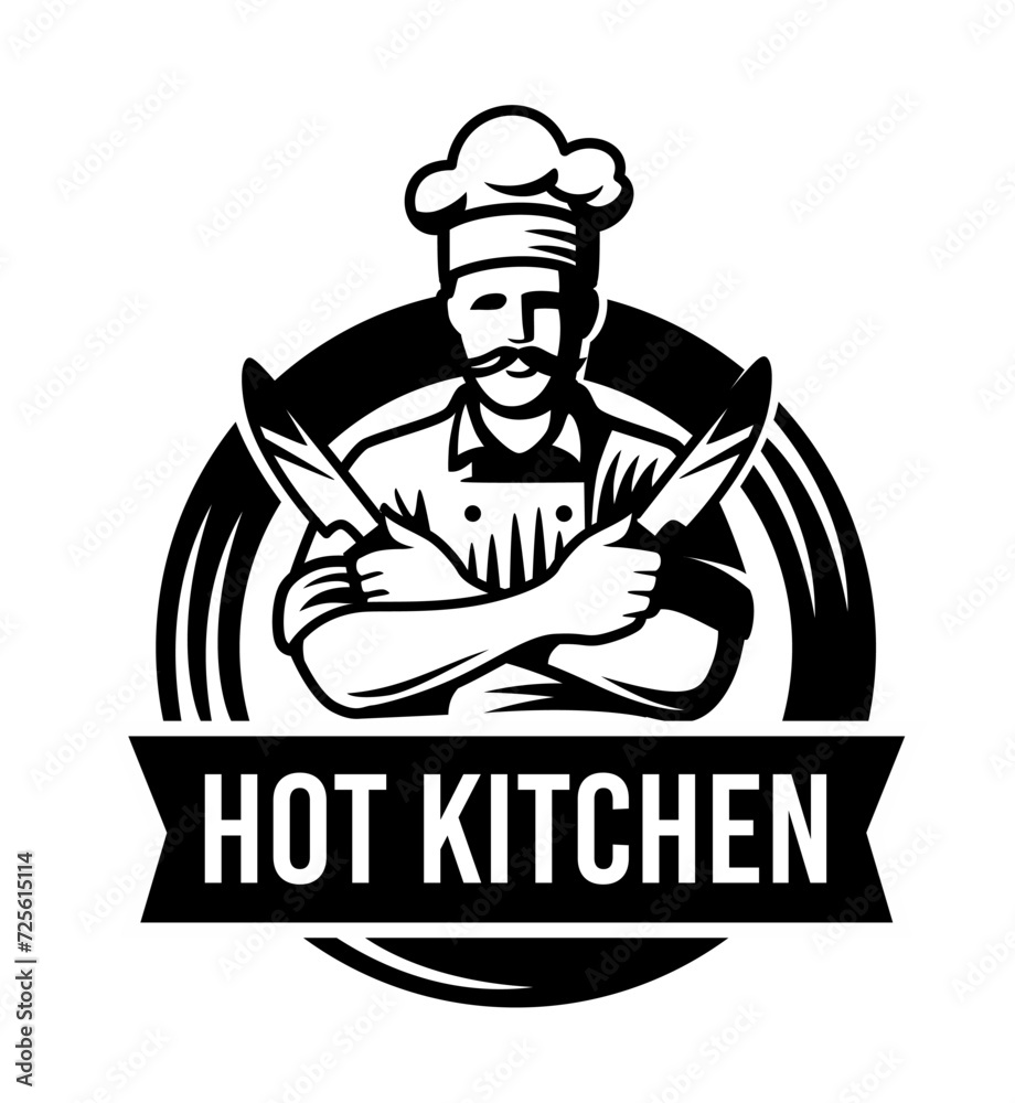 chef in hat with knives. Emblem Logo vector design.