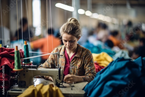 A skilled worker meticulously operating an industrial sewing machine amidst the vibrant chaos of a textile factory
