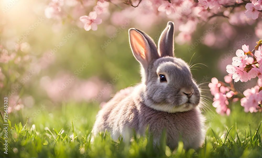 Fototapeta premium Easter enchantment: Rabbit in a spring blossom field