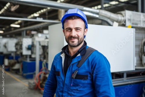 Professional Portrait of an Industrial HVAC Mechanic in His Workshop Surrounded by Air Conditioning Units