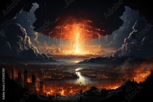 An illustration of an atomic explosion near the city. Night scene.