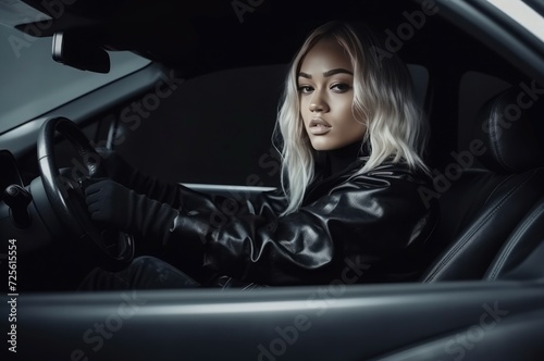 Woman sports car. Elegant and serious businesswoman with white hair. Generate AI © nsit0108
