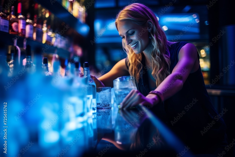 A Dynamic Image of a Woman Bartender Mixing a Drink in a Neon-Lit City Bar