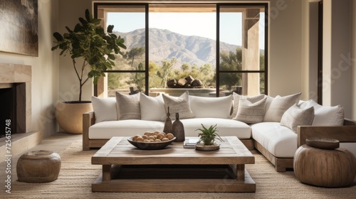 beautiful small space casual living family room soft neutral wood beams and a gorgeous grouping of swivel color fabric chairs around a striking coffee table coastal design nature freshness home