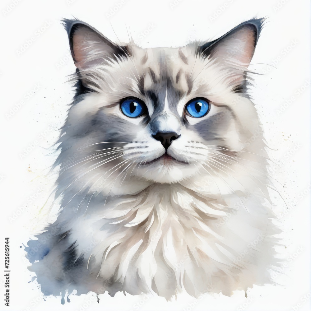Watercolor blue point ragdoll cat