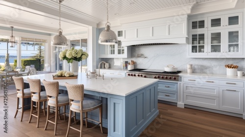 coastal interior design concept dining natural material cosy comfort Woven pendant lights bring a modern coastal feeling to this light and airy kitchen The stylish counter stools are a favorite theme