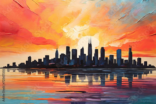 Abstract skyline with textured brushstrokes. Artistic backdrop capturing the essence of a colorful urban sunset. Perfect for creative projects.