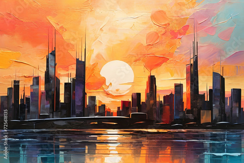 Abstract skyline with textured brushstrokes. Artistic backdrop capturing the essence of a colorful urban sunset. Perfect for creative projects.