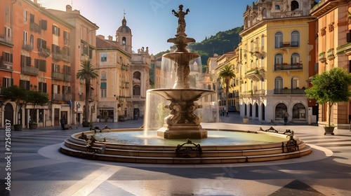Genoa, Italy Plaza and Fountain in the Morning 