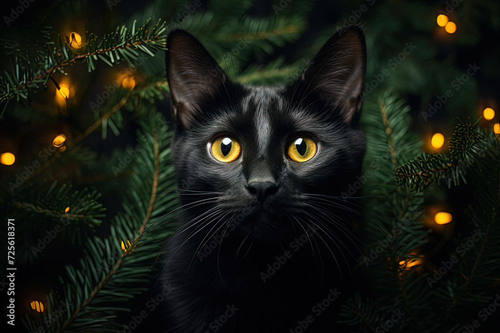 Black cat under a tree. Generative AI