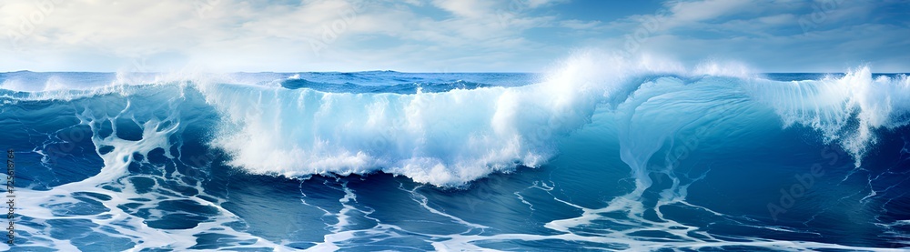 View from the shore on the waves of the deep blue ocean. Wide format. Generative AI. View from the shore on the waves of the deep blue ocean. Wide format. Generative AI.