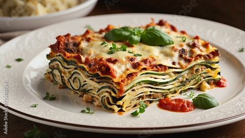 Picture of a hearty Zucchini Lasagna served in a time honored plate, sitting elegantly on a wooden table and the textures and colors that make this dish a feast for both the eyes and the palate
