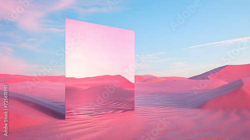 surreal landscape, pink dunes with a rectangle mirror standing photo