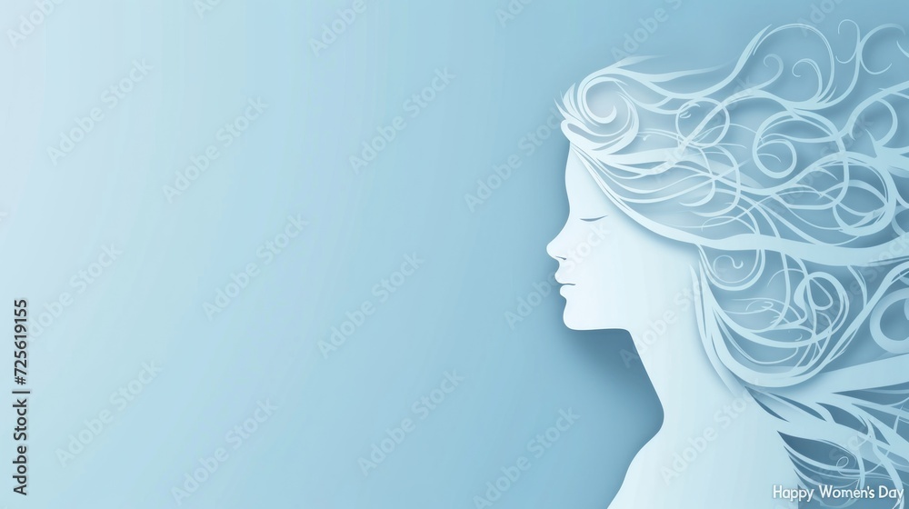 Happy women's day light blue banner with elegant white silhouette of woman and copy space for text
