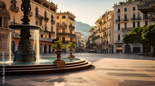 Genoa, Italy Plaza and Fountain in the Morning 