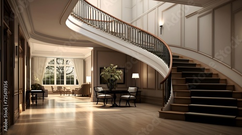 Interior of modern hotel lobby with stairs. 3d render.
