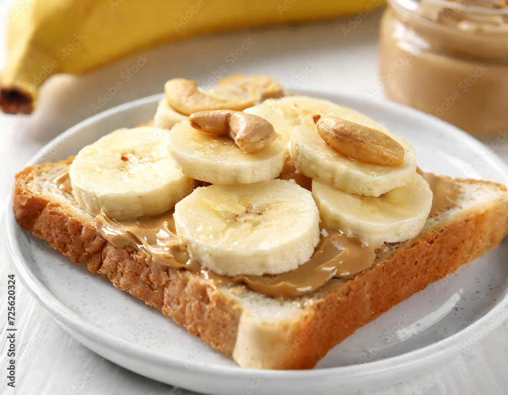 Toast with nut butter, banana slices and cashews on white table, closeup Toast with nut butter, banana slices and cashews on white table, closeup