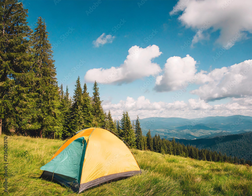 Tourism and traveling concept. Beautiful summer landscape with mountain forest and tourist tent.