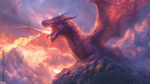 Mighty dragon spitting fire, fairy tale fantasy. seamless looping 4k time-lapse animation video background photo