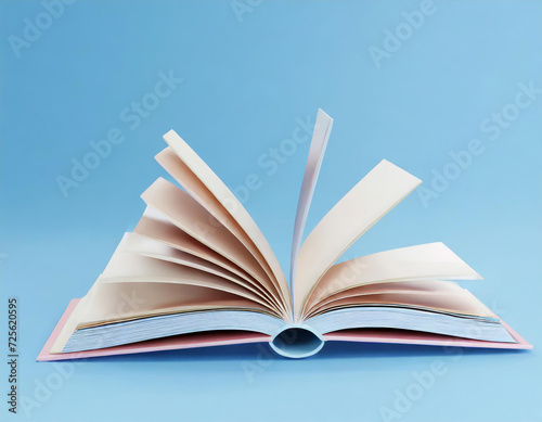 3D Open book on blue background, Online education or e-learning concept, online tutorials course. 3d render illustration © Bonita