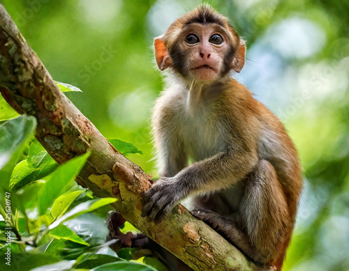 A small brown monkey is sitting on the tree branch among green leaf, it looking to the camera. Animal in the wild protrait photo. © Bonita
