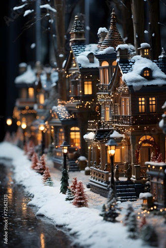 Christmas and New Year holidays background. Festive decoration in the form of a Christmas tree and houses in the snow.