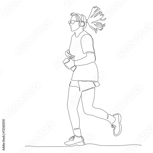 Woman with headset jogging. Holding mobile phone. Continuous line drawing. Hand drawn black and white vector illustration in line art style.