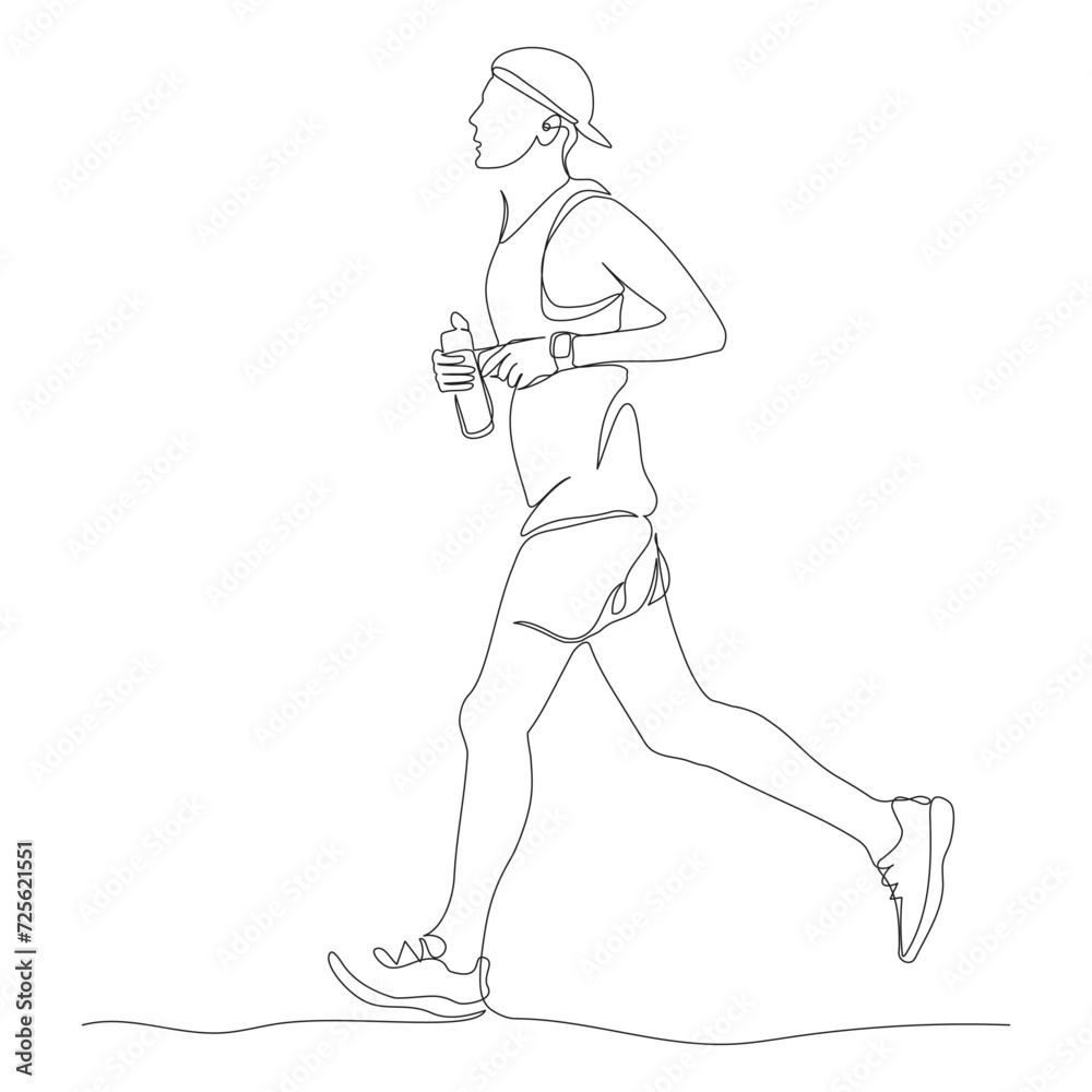 Man jogging or running. Holding water bottle. Side view. Continuous line drawing. Hand drawn black and white vector illustration in line art style. Man jogging or running. Holding water bottle. Side view. Continuous line drawing. Hand drawn black and white vector illustration in line art style.
