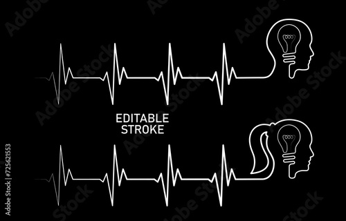 Editable lines heart rhythm illustration with lightbulb, human head, heartbeat line vector design to use in healthcare, business, healthy lifestyle, medicine and ekg concept illustration projects. 