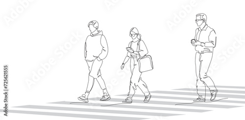 Men and woman crossing road with pedestrian zebra way. Single line drawing. Hand drawn vector illustration in line art style