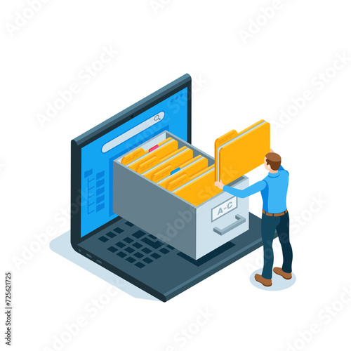 isometric business man working with archive on computer screen, in color on white background, online data archive or data storage