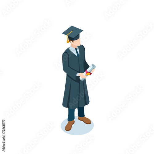 isometric man in bachelor's gown and hat with diploma, in color on white background, higher education or student graduate