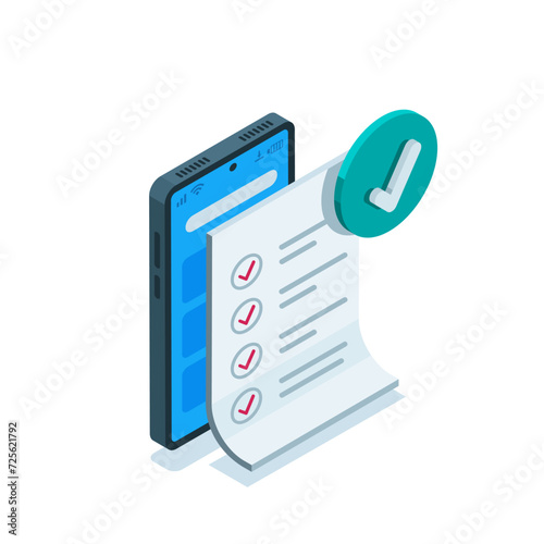 isometric document and checkmarks on smartphone screen in color on white background, approve or successful testing