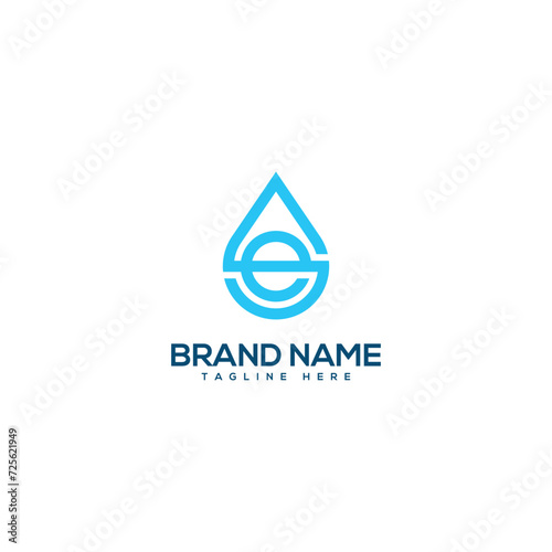 Alphabet letter E and water drop. Flat vector logo design template element.