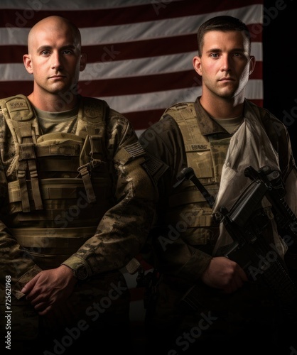 Soldiers Standing in Front of an American Flag Generative AI