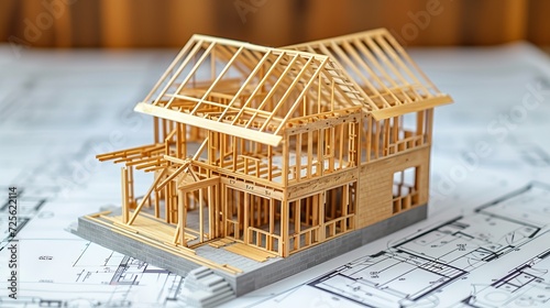 Blueprints of a wooden frame house model under construction   building project in progress