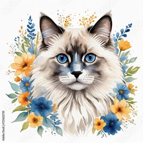 Watercolor blue point ragdoll cat with flowers around © QuoDesign