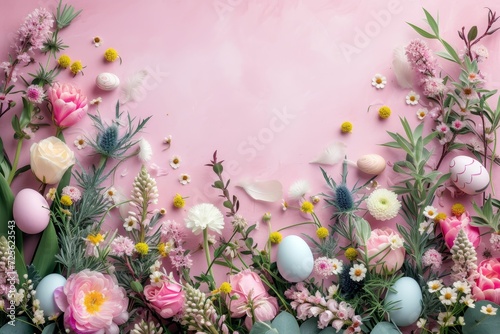 Easter Spring Floral Composition with Eggs on rose pink Background
